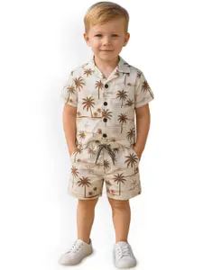 FASHION GRAB Boys Printed Spread Collar Shirt With Shorts