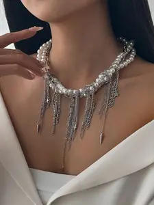 StyleCast x Revolte Silver-Plated Pearls Beaded Tasselled Statement Necklace