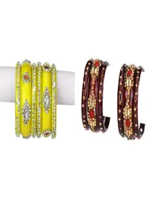 SOMIL Set of 12 Yellow Alloy Artificial Stones & Beads Bangles