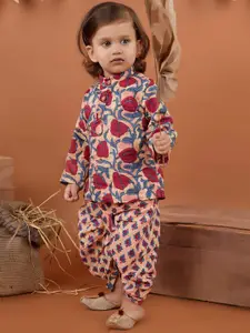 BAESD Boys Floral Printed Mandarin Collar Pure Cotton Kurta With Dhoti Pants
