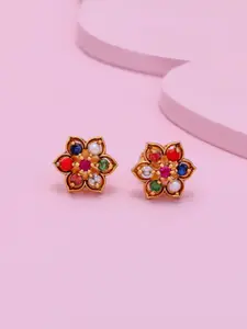 Kushal's Fashion Jewellery Gold-Plated Navaratna Stones Studded & Beaded Antique Studs