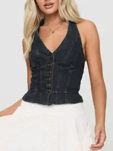 StyleCast Women Halter Neck Denim Crop Top