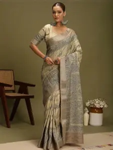 Anouk Floral Zari Satin Block Print Saree