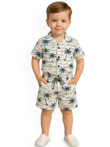 FASHION GRAB Boys Printed Spread Collar Shirt With Shorts