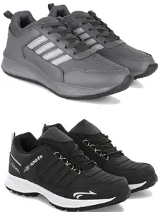 PENNEN Men Grey & Black Set Of 2 Running Synthetic Lace-Ups Non-Marking Running Shoes