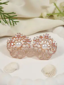 I Jewels Rose Gold-Plated Artificial Stones Studded And Beaded Floral Shaped Studs