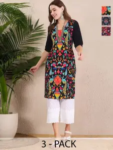 Anouk Rustic Women Pack of 3 Ethnic Motifs Printed Straight Crepe Kurta