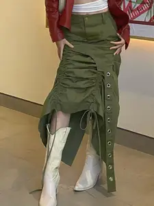 StyleCast Ruched Side Button Detail A-Line Midi Skirt