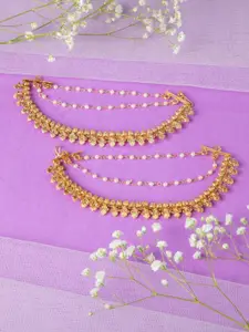 Niscka 24k Gold-Plated Faux Ruby Studded & Pearls Beaded Floral Shaped Earchains