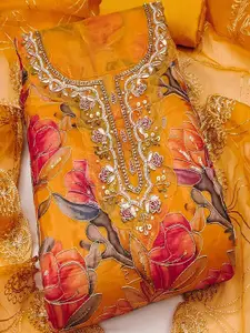 Peachmode Women's Mustard Floral Printed Sequins & Moti Handwork Organza Unstitched Dress Material