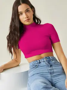 Dream Beauty Fashion Women Ribbed High Neck Fitted Crop Top