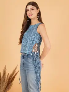 COTLAND FASHION Women Geometric Printed Fringed Indigo Cotton Crop Top