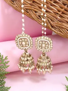 I Jewels Gold-Plated Kundan Studded And Pearls Beaded Dome Shaped Jhumkas With Earchain
