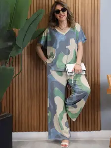 StyleCast Printed V Neck Top With Palazzo Co-Ords