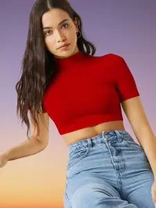 Dream Beauty Fashion Women Solid High Neck Fitted Crop Top