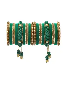RIJOLI Women Green & Gold Zircon Stones Studded & Latkan Kada Pack Of 50 Alloy Bangles