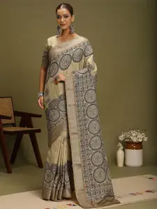 Anouk Ethnic Motifs Block Printed Satin Saree
