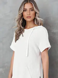 bebe Women Self Design Hooded Longline Pullover Sweatshirt