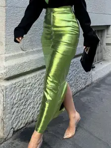 StyleCast Green Metallic High-Rise Slit A-Line Maxi Skirt