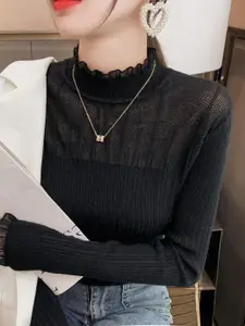 StyleCast Women Sheer Panel Ribbed Knit Turtle neck Top