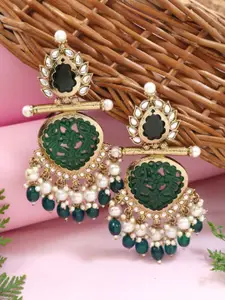 I Jewels Gold-Plated Kundan Studded And Pearls Beaded Teardrop Shaped Drop Earrings