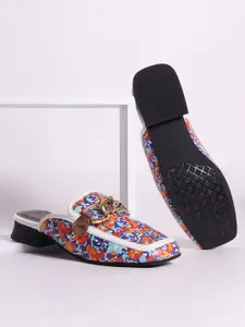 Street Style Store Women Floral Printed Embellished Detailed Block Heels Mules