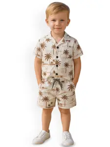 FASHION GRAB Boys Printed Spread Collar Shirt With Shorts