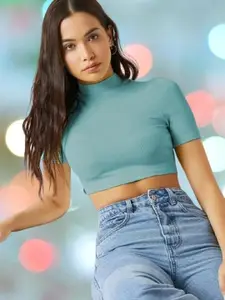 Dream Beauty Fashion Women Solid High Neck Fitted Crop Top