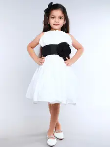 Pink Chick Girls Monochrome Corsage Ruffled Cotton Fit & Flare Dress with Matching Clip