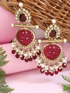 I Jewels Gold Plated Kundan Studded And Pearls Beaded Teardrop Shaped Drop Earrings