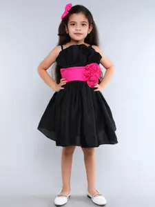 Pink Chick Girls Colourblocked Shoulder Straps Corsage Cotton Fit & Flare Dress