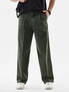 Snitch Men Green Cotton Mid-Rise Baggy Trouser