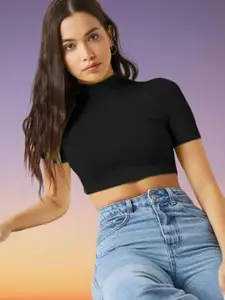 Dream Beauty Fashion Women Solid High Neck Fitted Crop Top