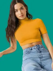 Dream Beauty Fashion Women Solid High Neck Fitted Crop Top