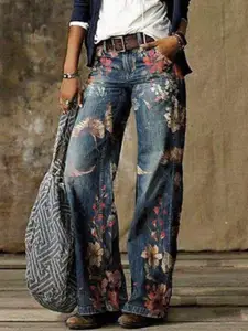 StyleCast Women Wide Leg Mid-Rise Printed Jeans