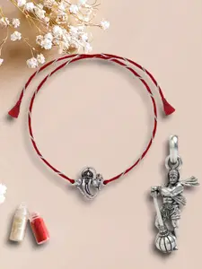 De Flossy Silver 2-Pcs Rakhi With Lord Hanuman Pendant With Roli Chawal Gift Set