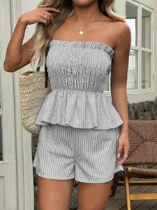 MIAKEE Striped Off Shoulder Top With Shorts Co-Ords