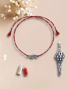 De Flossy Silver 2-Pcs Rakhi With Hanuman Gadha Pendant With Roli Chawal Gift Set