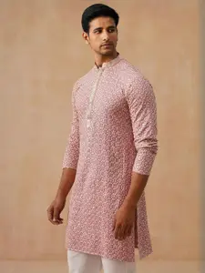 Jompers Floral Embroidered Mandarin Collar Thread Work Straight Kurta With Pyjamas