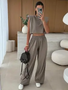 MIAKEE Round Neck Crop Top With Trousers Co-Ords