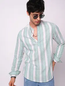 VASTRADO Retro Shoreline Azure Striped Band Collar Cotton Kurta