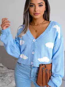 DressBerry Abstract Printed V-Neck Cardigan Sweaters