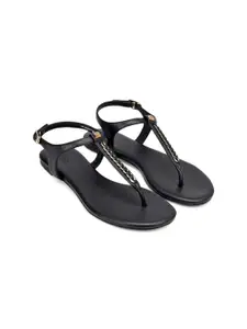 ROSSO BRUNELLO Women Solid Round Toe Buckle Leather T-Strap Flats