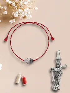 De Flossy Silver 2-Pcs Rakhi With Lord Hanuman Pendant With Roli Chawal Gift Set