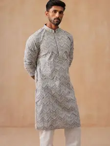 Jompers Geometric Embroidered Mandarin Collar Thread Work Straight Kurta With Pyjamas