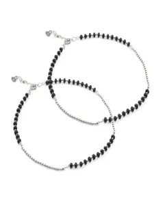 Paavni Set Of 2 925 Sterling Silver Artificial Beaded Anklets