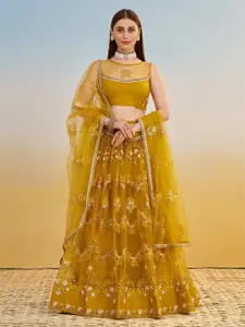 FABPIXEL Embroidered Sequinned Semi-Stitched Lehenga & Unstitched Blouse With Dupatta