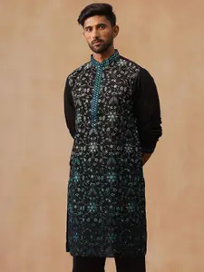 Jompers Floral Embroidered Mandarin Collar Chikankari Straight Kurta