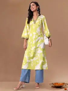 Varanga Floral Printed Bell Sleeves Sequinned V-Neck Cotton Straight Kurta