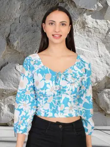 69 FASHION STREET Women Floral Printed Tie-Up Neck Puff Sleeve Smocked Crop Top